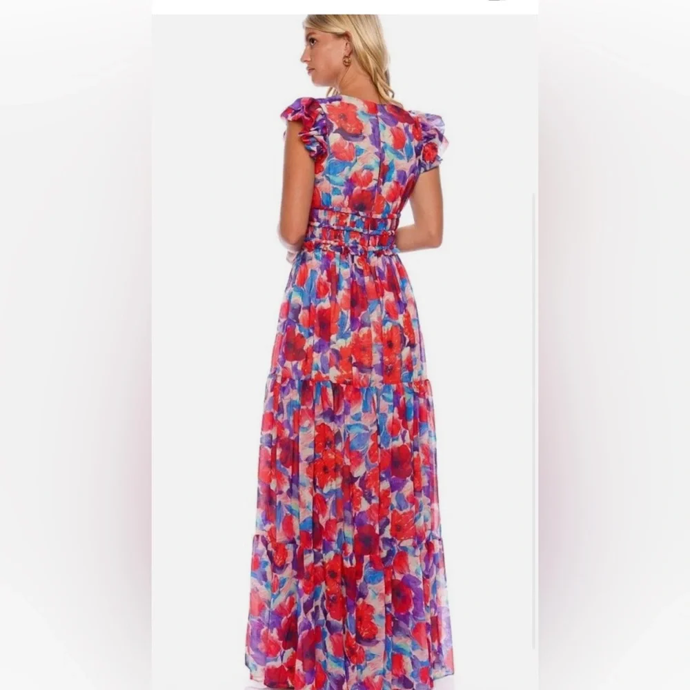 PATBO Violet V-neck Flutter-sleeve Maxi sunDress In Cherry sz 6 - Picture 2 of 6